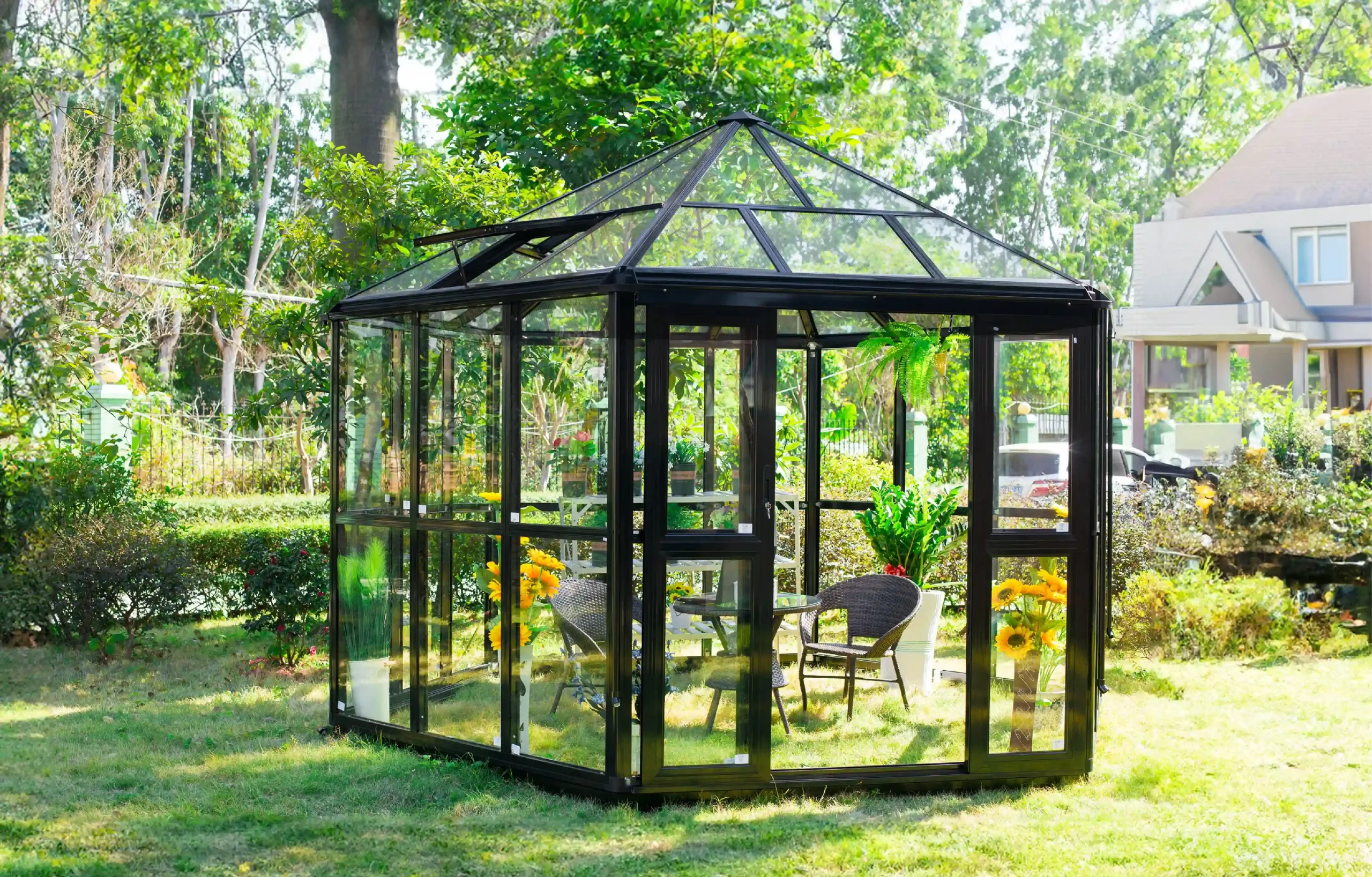 Gardenmeister, orangery, polycarbonate, glass, aluminium, green diamond